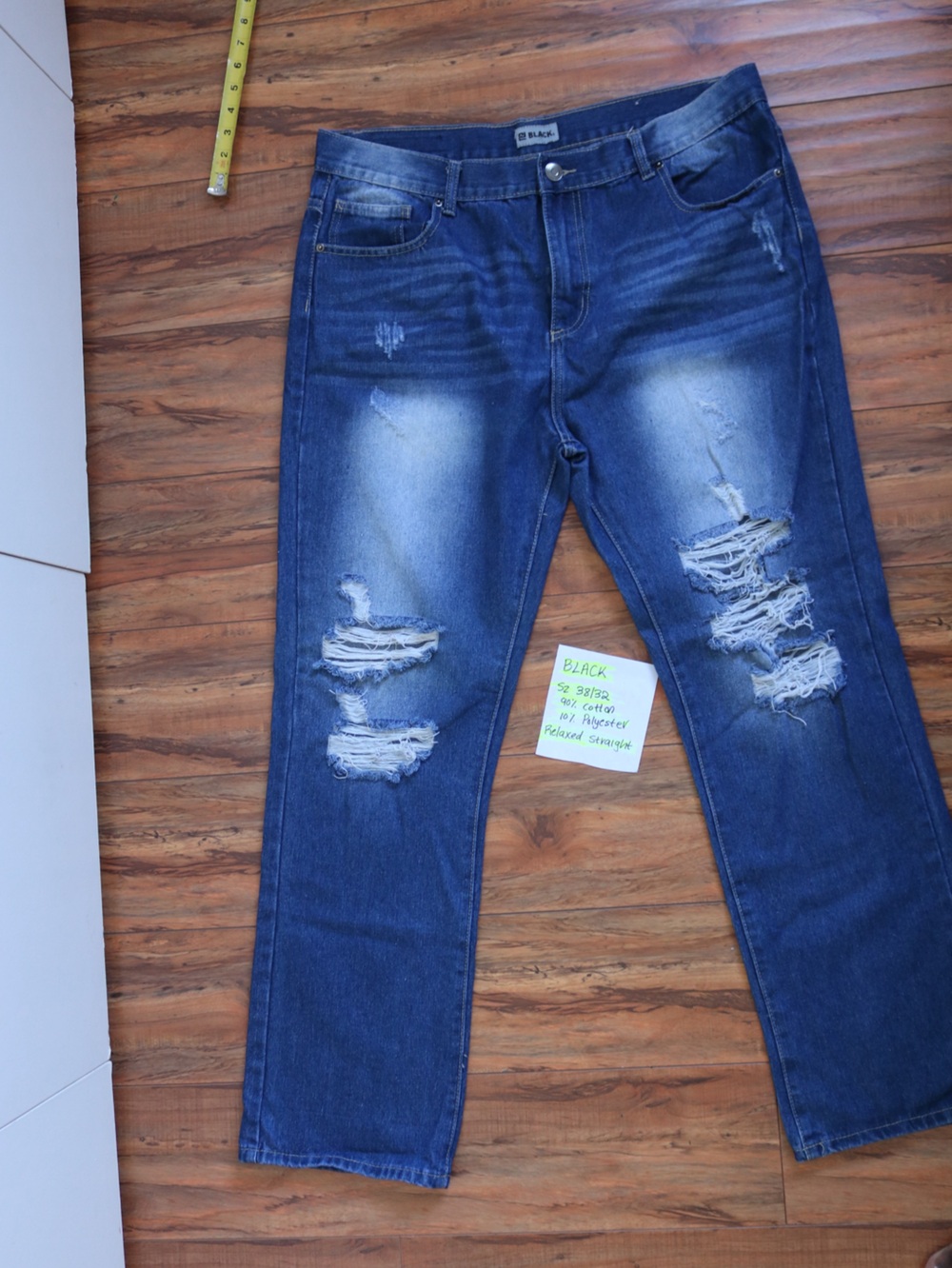 BLACK 38/32 Mens Relaxed Straight Distressed Skinny Jeans - Blue